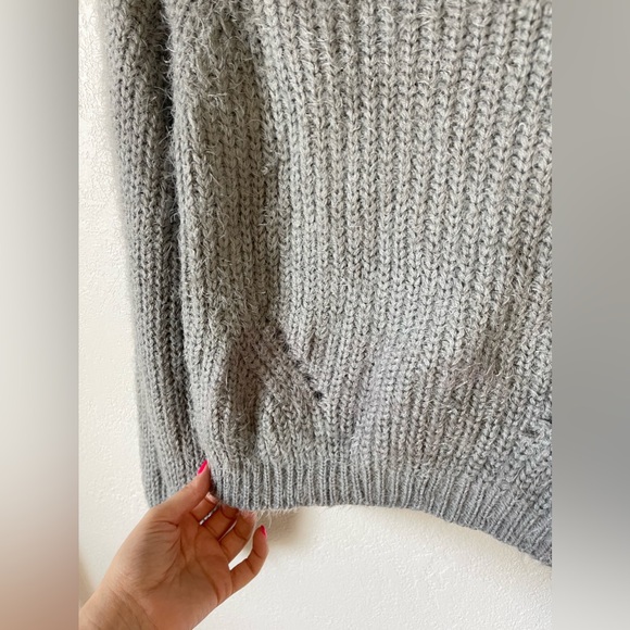 Main Strip Eyelash Knit Cowl Neck Grey Sweater - Picture 2 of 5